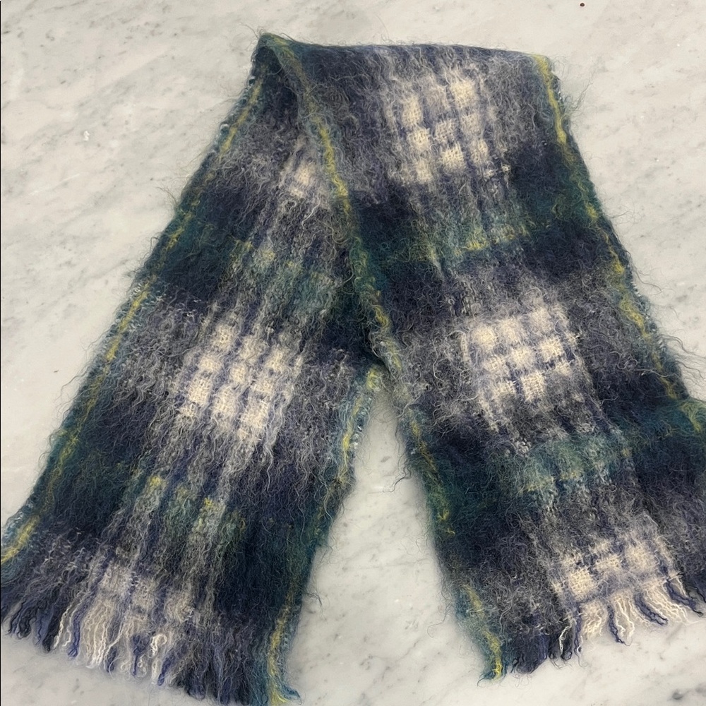 Plaid Fuzzy Scarf in Blue and Green
